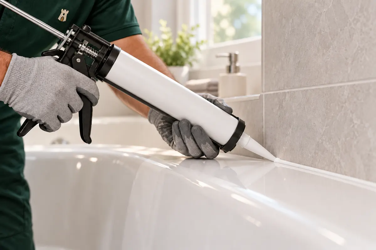 A Fortress tech running a new bead of caulk where a bathtub meets the tile wall