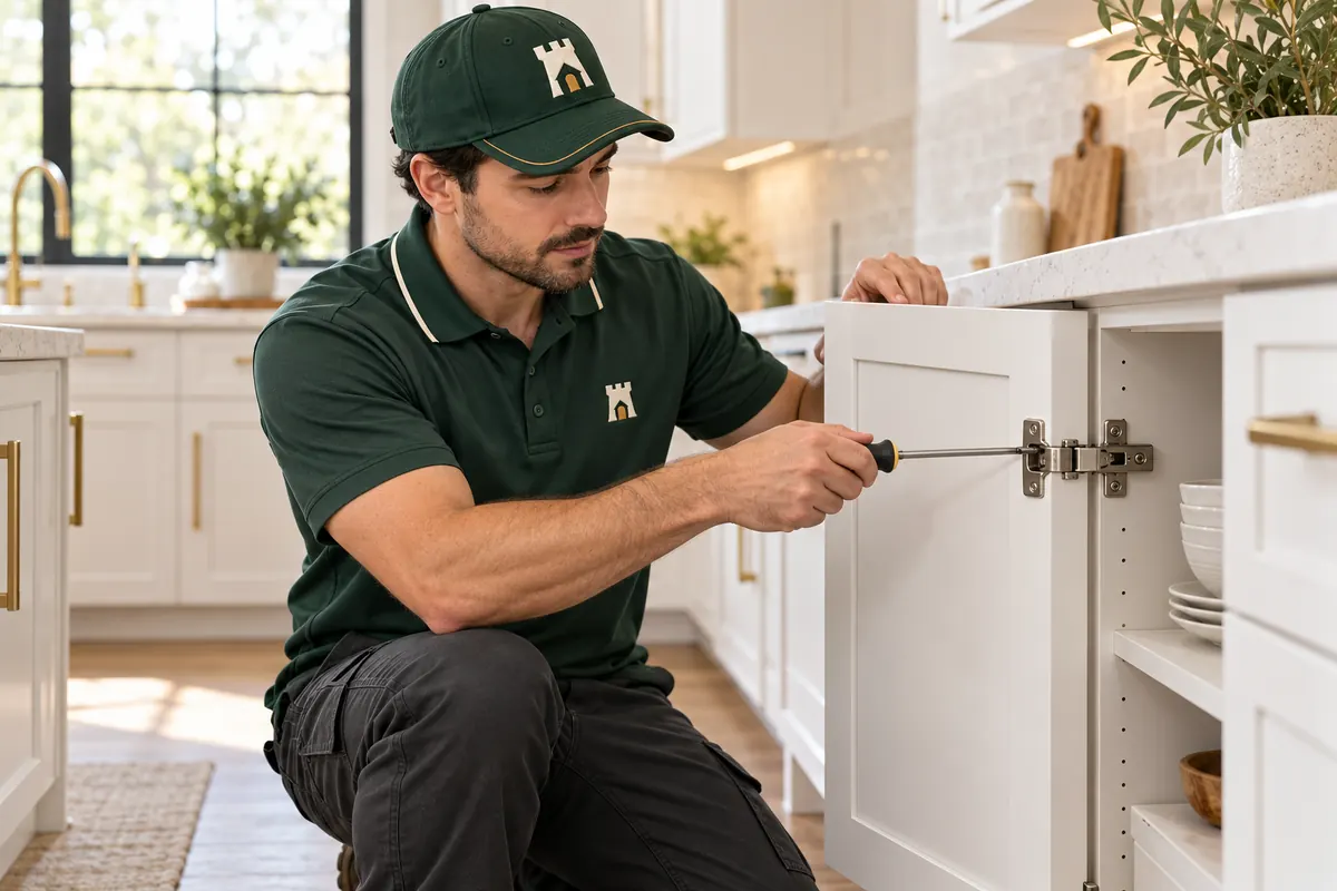 A Fortress tech adjusting a cabinet door hinge in a kitchen