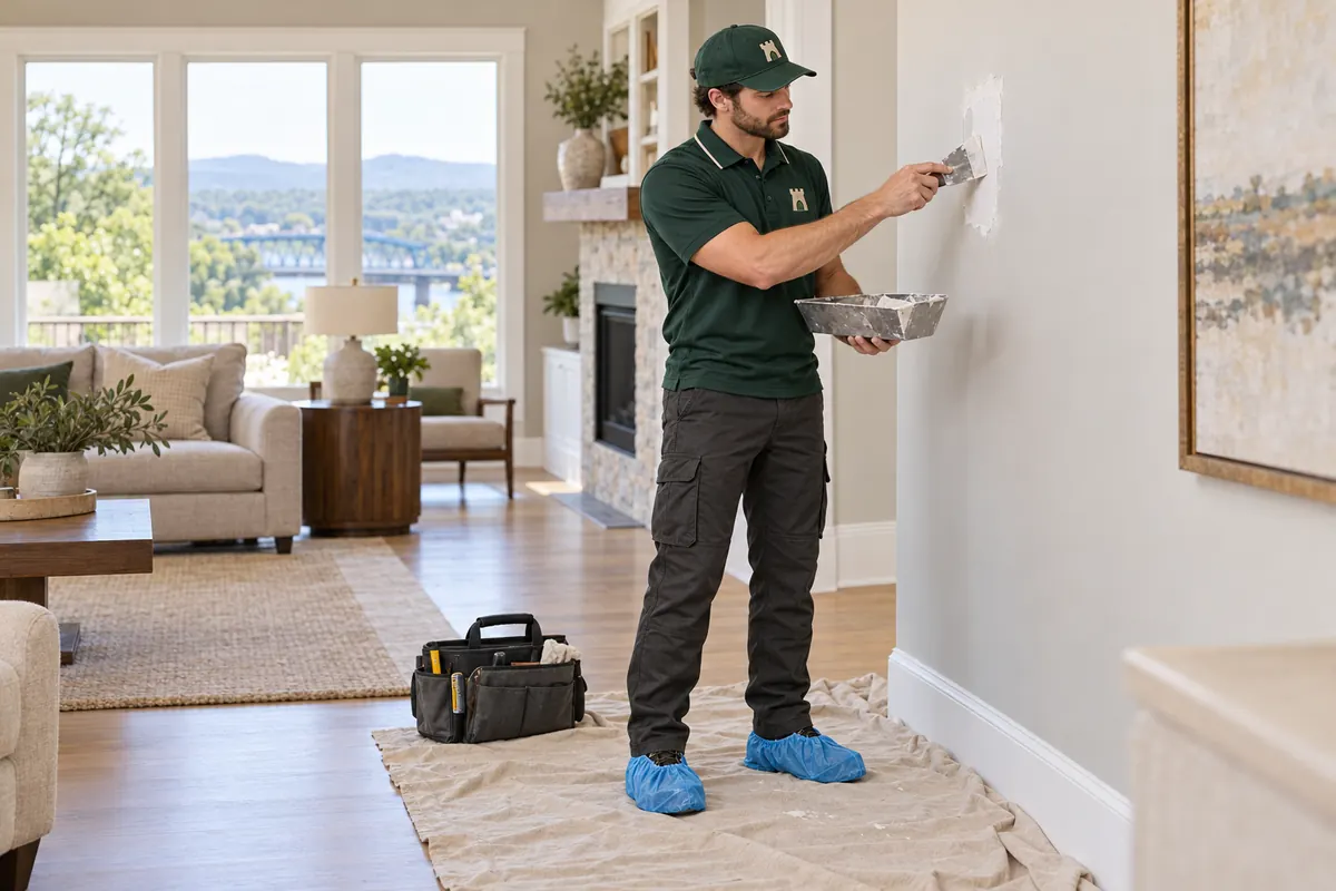 A Fortress tech in shoe booties patching drywall over a drop cloth