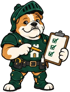 Duke, the Fortress bulldog, checking off a clipboard checklist