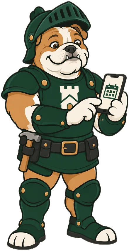 Duke, the Fortress bulldog, booking a visit on his phone