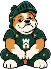 Duke, the Fortress bulldog, sitting