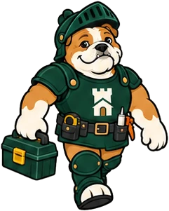 Duke, the Fortress bulldog, walking with his toolbox