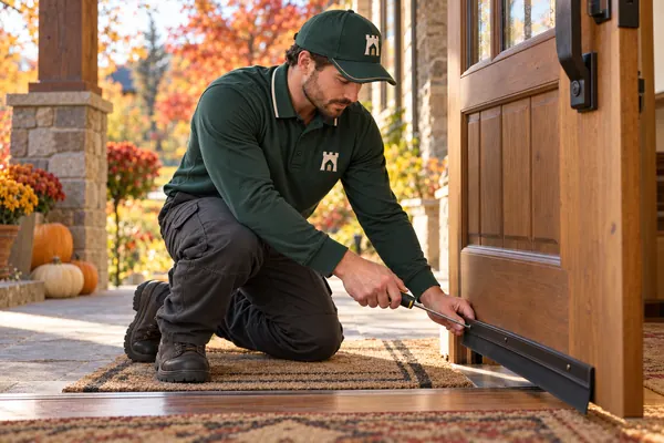A Fortress tech installing a new door sweep on a front door in the fall