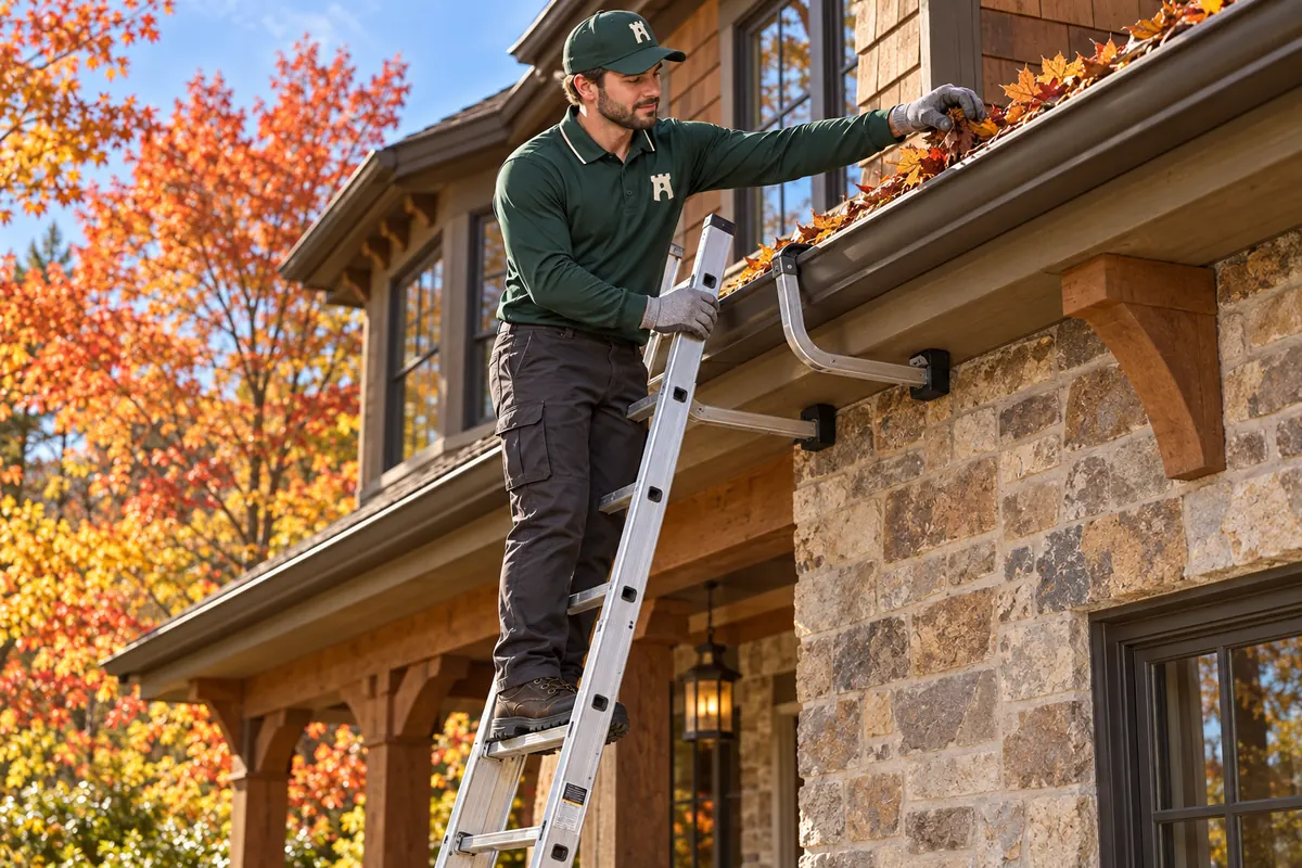 A Fortress tech on a ladder clearing fall leaves out of a gutter
