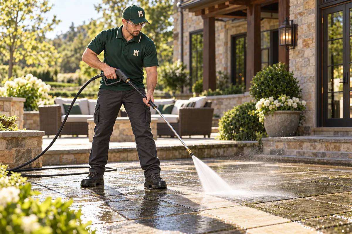 A Fortress tech pressure washing a stone patio
