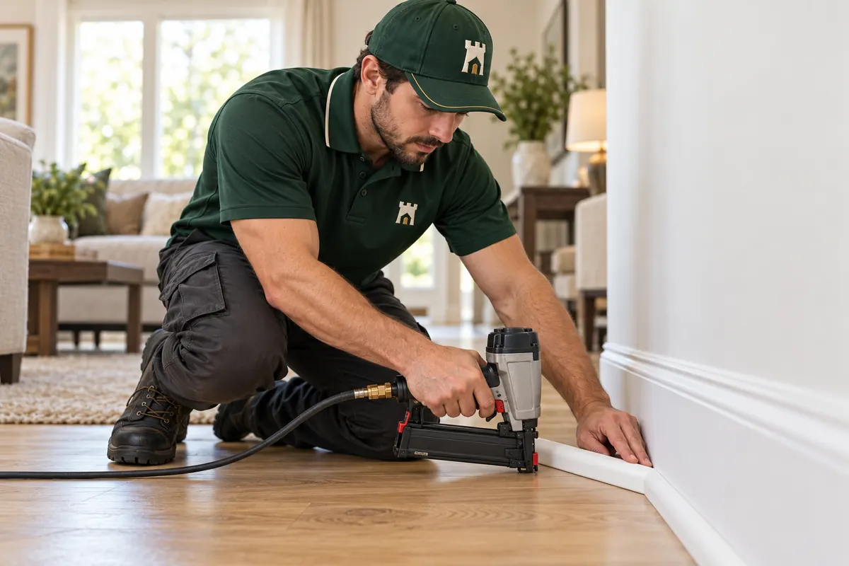 A Fortress tech nailing new quarter round along a baseboard