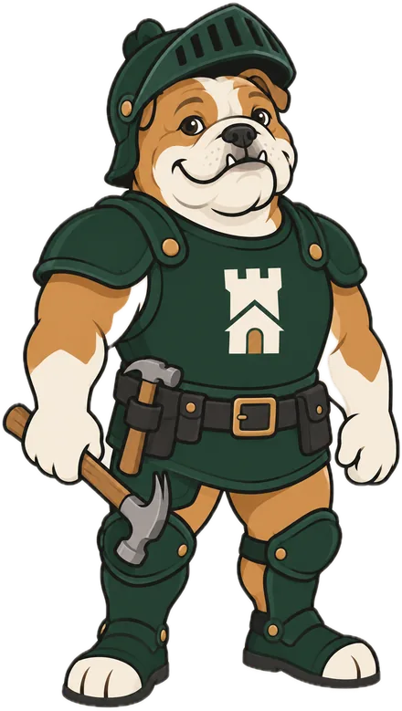 Rook, el bulldog de Fortress, con armadura verde, martillo y cinturón de herramientas