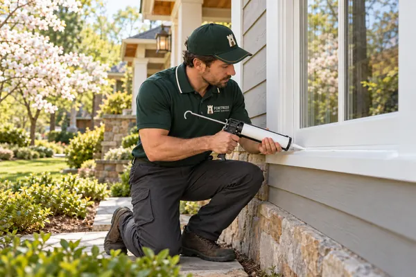 A Fortress tech caulking around a window outside a home in spring