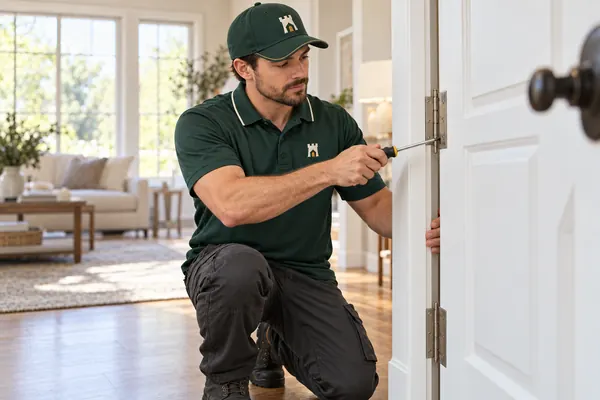 A Fortress tech tightening the hinges on a sticking interior door