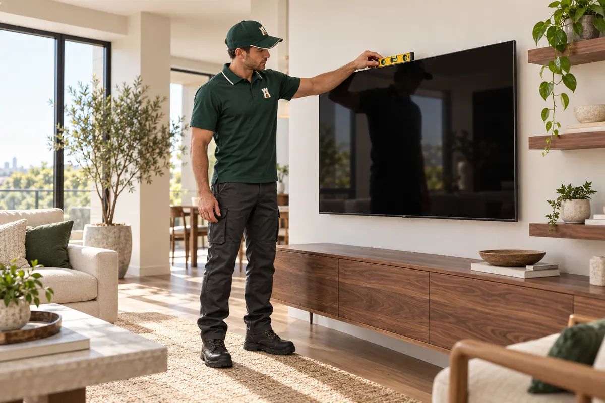 A Fortress tech checking that a wall-mounted TV is level