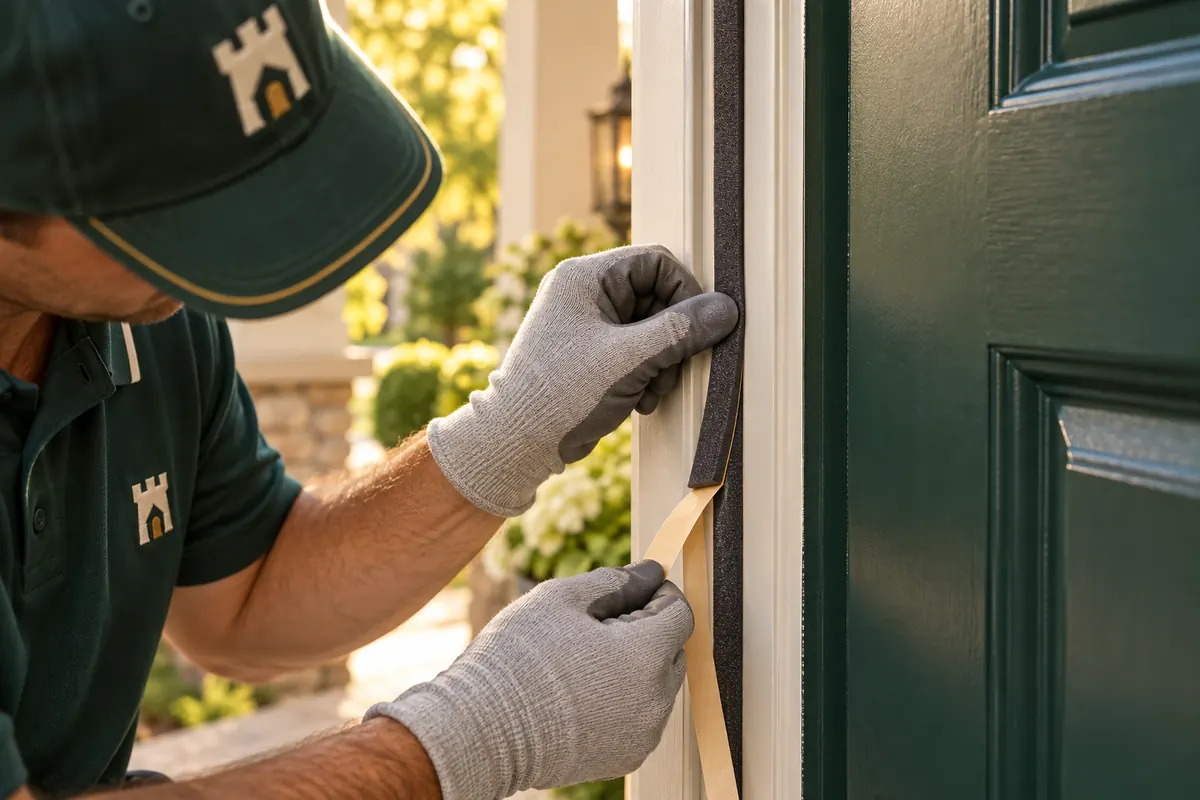 A Fortress tech pressing new weatherstripping into a front door frame