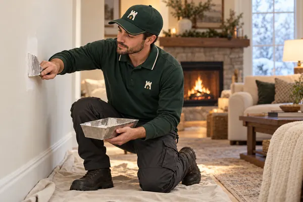 A Fortress tech patching drywall indoors over a drop cloth in winter